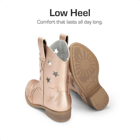 Girls Golden Cowgirl Boots Mid Calf Western Star Glitter Cowboy Riding Shoes - Picture 4 of 5